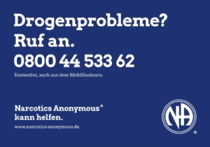 Hotline von Narcotics Anonymous auf blauem Hintergrund. 0800 44 533 62